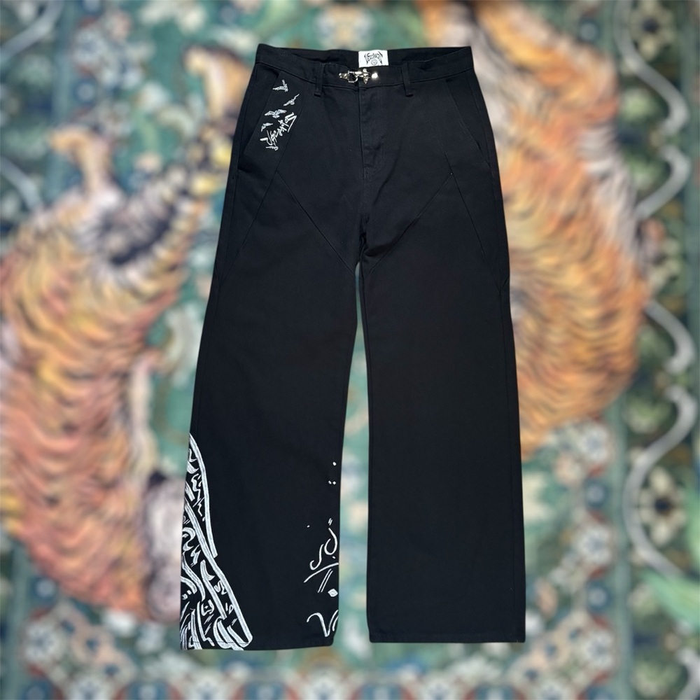 Vescartes Baggy Wide Leg Denim Jeans Embroidered Eagle Grunge Y2K 33x30 Black